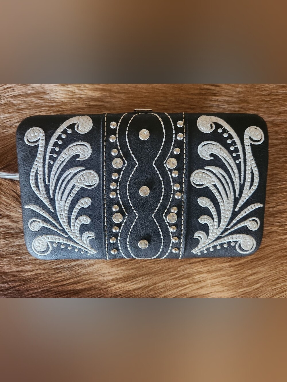 Montana West Black Wallet with Cream Embroidery and Silver Studs